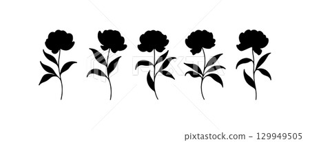 Silhouette of five flowers with leaves against a white background in a simple, elegant style perfect for decorative use 129949505