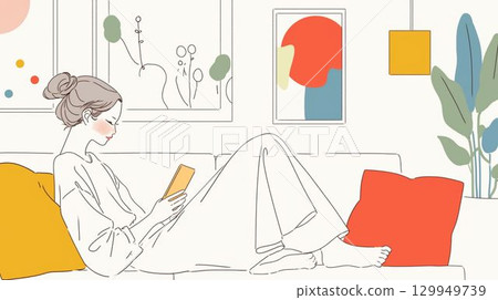 一位女士在沙發上放鬆的溫柔插圖 129949739
