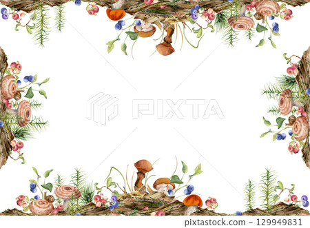 Suillus larch bolete slippery jack milk-cap mushroom, blackberry cranberry. Hand drawn watercolor border frame. Moss lichen growth on bark, fallen autumn leaves twigs needles. Label tag card design 129949831
