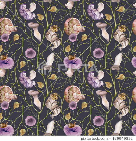 Russula webcap hiratake oyster mushroom, fallen autumn leaves snails, twisting brambles branches twigs. Watercolor hand drawn seamless pattern. Wild food market packaging, wrapping isolated on dark Russula webcap hiratake oyster mushroom, fallen autumn leaves snails, twisting brambles branches twigs. Watercolor hand drawn seamless pattern. Wild food market packaging, wrapping isolated on dark 129949832