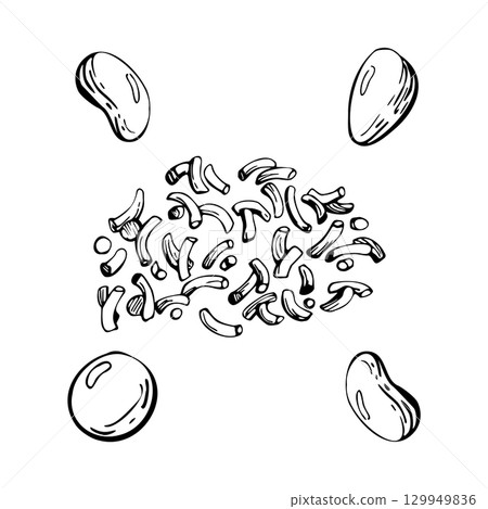 Sugar candy dragee bonbons, sprinkles strands scattered randomly. graphic line illustration hand drawn in vector ink. Sweet cafe, summer snack wrap, flavor sticker, dessert ice cream topping frosting 129949836