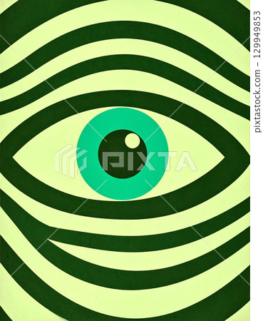 An artistic, mesmerizing eye illustration with a striking turquoise iris. Surrounded by a wave-like pattern of stripes 129949853