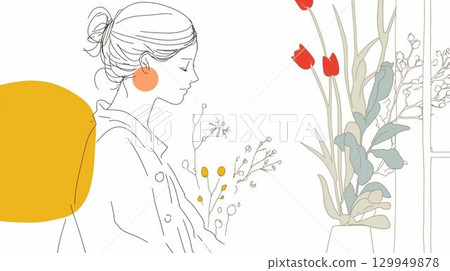 一位婦女與鬱金香的側面插圖 一位婦女與鬱金香的側面插圖 129949878