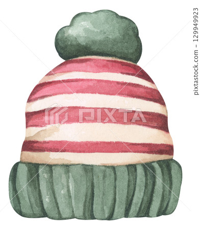 Christmas knit hat. Cute warm winter knitted pom beanie hat. Watercolor illustration. Christmas knit hat. Cute warm winter knitted pom beanie hat. Watercolor illustration. 129949923