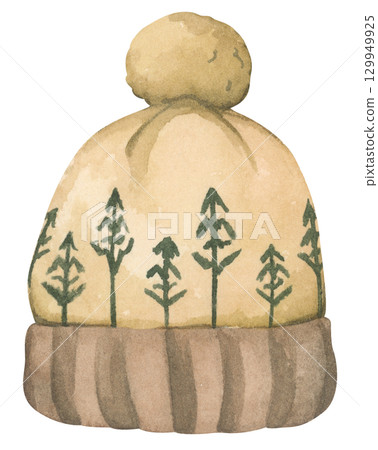Christmas knit hat. Cute warm winter knitted pom beanie hat. Watercolor illustration.  129949925