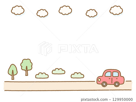 一幅有紅色汽車、樹木和天空的風景畫 129950000