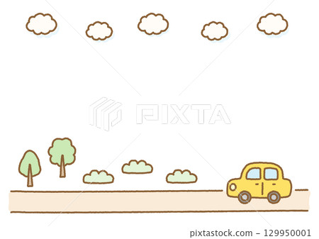 手繪風景與汽車、樹木和天空 129950001