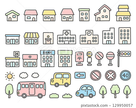 手繪插圖集房屋、建築物和汽車 129950057