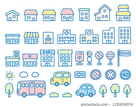 房屋、建築物和汽車的手繪插圖集 129950059
