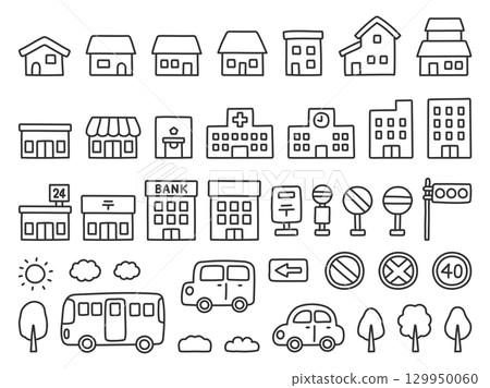 手繪插圖集房屋、建築物和汽車 129950060