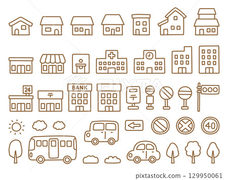 房屋、建築物和汽車插圖集 129950061