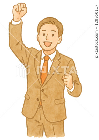 一位男性商人握拳的插圖(西裝,剪影) 一位男性商人握拳的插圖(西裝,剪影) 129950117