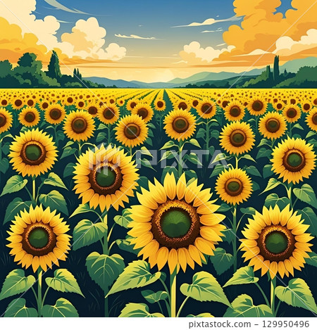 一幅有向日葵田、雲彩、天空、地平線和陽光的風景 129950496