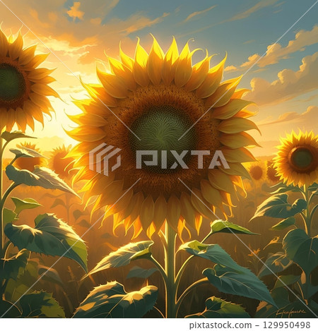 夕陽照射下的向日葵田 夕陽照射下的向日葵田 129950498