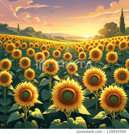 夕陽照亮的向日葵田 夕陽照亮的向日葵田 129950500