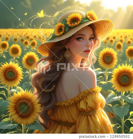 Beautiful woman standing in a sunflower field 129950501
