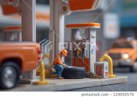 Worker changing a tire at a gas station (diorama) 129950570
