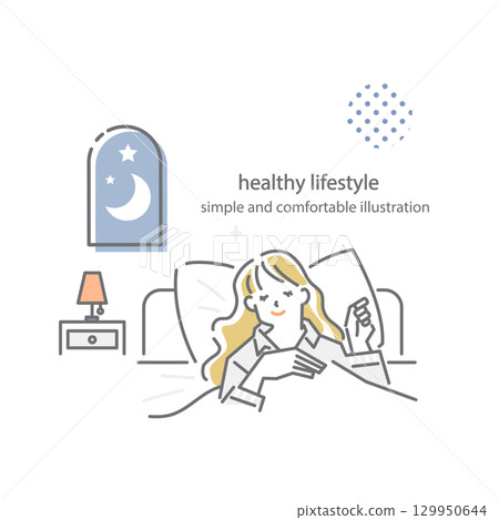 簡單而時尚的線條畫，描繪了一位安然入睡的女人 129950644