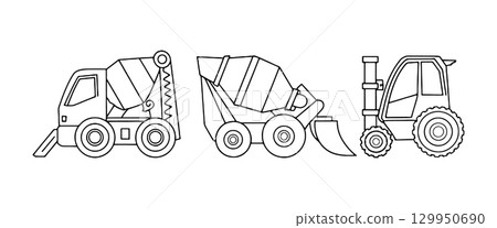 Construction vehicles in line showing a mixer truck, dump truck, and backhoe in a minimalist style 129950690