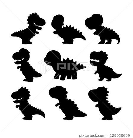 Silhouettes of various dinosaur shapes in a playful arrangement on a plain background 129950699
