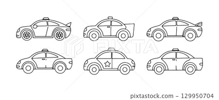 Cartoon style police cars in various designs and angles for creative projects and educational activities Cartoon style police cars in various designs and angles for creative projects and educational activities 129950704