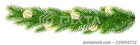 Realistic fir branch shimmering with bright Christmas lights. Christmas tree branches with garland round electric bulbs. For holiday banners, New Year, Christmas posters. Vector illustration 129950712