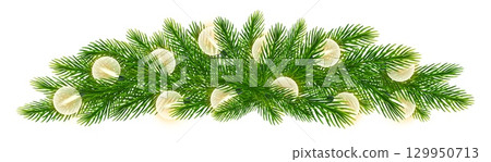 Christmas border of realistic green fir tree, coniferous branch, spruce twigs with string of warm yellow toned lights. Vector tree branches frame for holiday atmosphere New Year, Xmas, festive designs 129950713