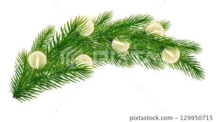 Realistic Christmas coniferous branch, spruce twigs with string of warm lights. Fir branch with electric light bulbs garland for holiday atmosphere, Xmas, New Year festive designs. Vector illustration Realistic Christmas coniferous branch, spruce twigs with string of warm lights. Fir branch with electric light bulbs garland for holiday atmosphere, Xmas, New Year festive designs. Vector illustration 129950715