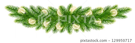 Christmas border of realistic green coniferous branch, spruce twigs, fir tree branches with string of warm lights. For holiday atmosphere, Christmas, New Year festive designs. Vector illustration 129950717