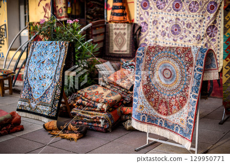 Georgian and Caucasian traditional carpets store in Old town Tbilisi, Georgia 129950771