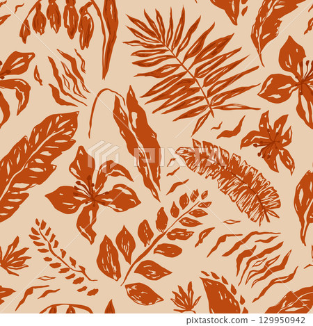 Brown tropical boho seamless pattern. Vector dry palm leaves texture. Organic ethnic design, beach background Brown tropical boho seamless pattern. Vector dry palm leaves texture. Organic ethnic design, beach background 129950942