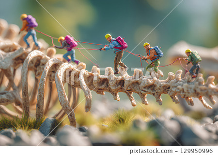 Rock climbing on a giant dinosaur skeleton (diorama) 129950996