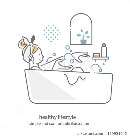 A woman relaxing and enjoying bath time - simple and stylish line drawing illustration 129951045