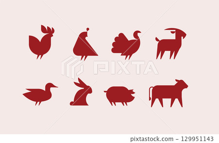 Farm animals icon set beige light red 129951143