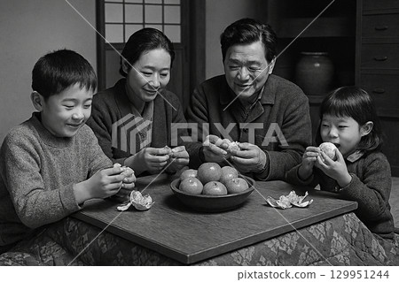 A Showa-era scene: A family eating mandarin oranges around a kotatsu 129951244