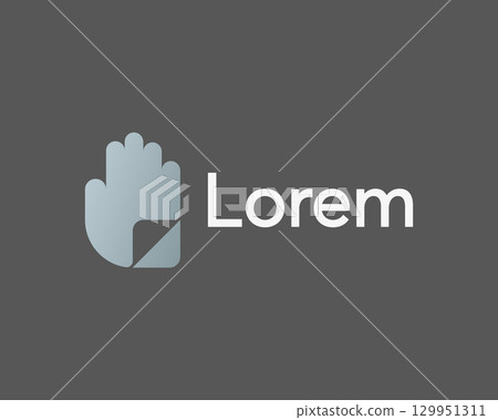 Abstract gradient hand, palm with paper folded corner logo design template. Universal creative gesture, no, stop vector icon sign symbol logotype. Abstract gradient hand, palm with paper folded corner logo design template. Universal creative gesture, no, stop vector icon sign symbol logotype. 129951311