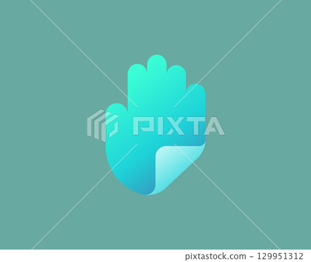 Abstract hand, palm with paper folded corner logo design template. Universal creative gesture, no, stop flat vector icon sign symbol logotype. Abstract hand, palm with paper folded corner logo design template. Universal creative gesture, no, stop flat vector icon sign symbol logotype. 129951312