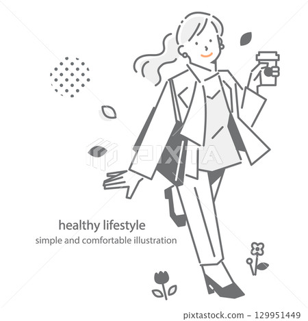 帶著健康笑容去上班的女人 — — 簡單而時尚的線條畫插圖 129951449