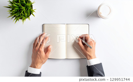 商人在辦公室的辦公桌上用筆記本寫字 商人在辦公室的辦公桌上用筆記本寫字 129951744