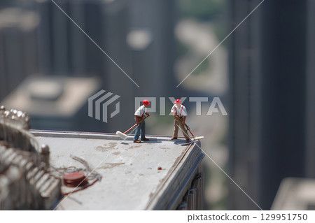 工人清理高層建築屋頂的立體模型 129951750