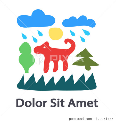 Collection of handwritten elements Collection of handwritten decorative colorful design elements hand drawn in trendy style-cloud, sun, rain, elk, tree, grass sample text. Colorful vector illustration 129951777