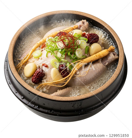 Traditional Korean Samgyetang Ginseng Chicken Soup with Jujube and Fresh Green Onion in Clay Pot 129951850