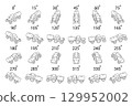 A set of 24 tractors transporting liquid in outline from different angles.  129952002