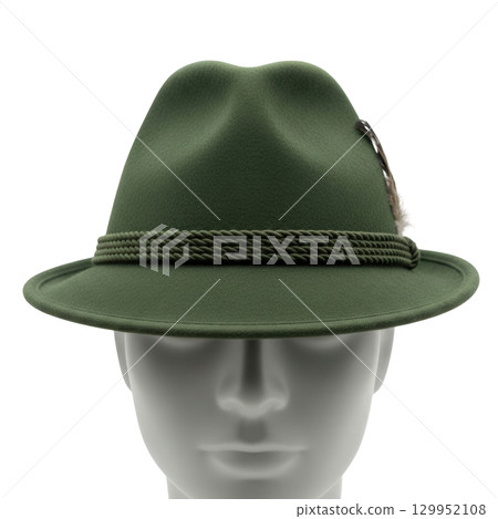 Green traditional tyrolean hunting hat with a feather on a grey mannequin head for fashion 129952108