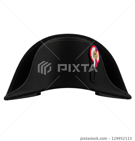 Historical black bicorne hat of Napoleon Bonaparte with an iconic tricolor cockade insignia Historical black bicorne hat of Napoleon Bonaparte with an iconic tricolor cockade insignia 129952113