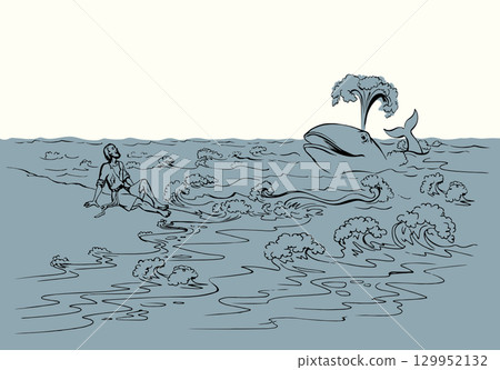 Vector drawing. A man on the shore after a shipwreck Vector drawing. A man on the shore after a shipwreck 129952132