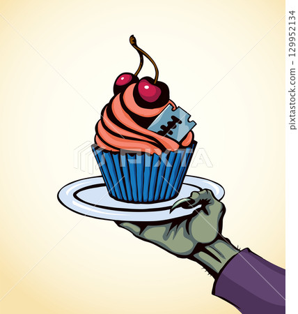 Vector drawing. The hand offers a treacherous treat Vector drawing. The hand offers a treacherous treat 129952134