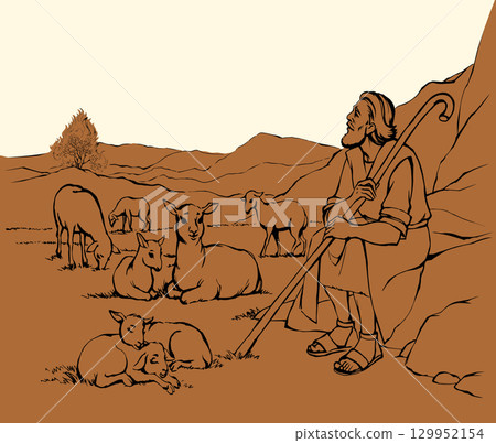 Vector drawing. Shepherd with sheep. Moses look at flaming bush Vector drawing. Shepherd with sheep. Moses look at flaming bush 129952154