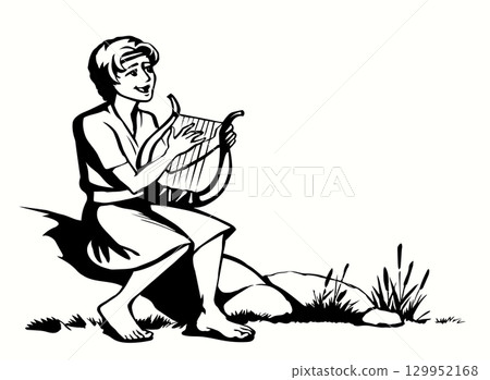 Vector drawing. Guy playing the harp 129952168