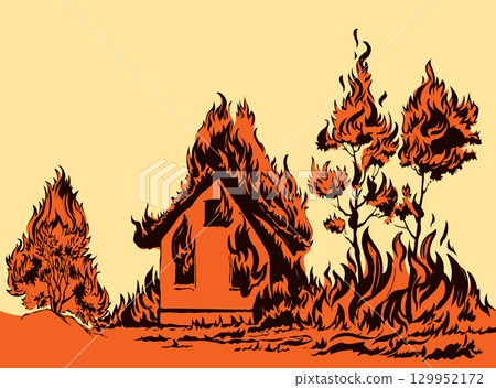 Vector drawing. Burning house and trees 129952172